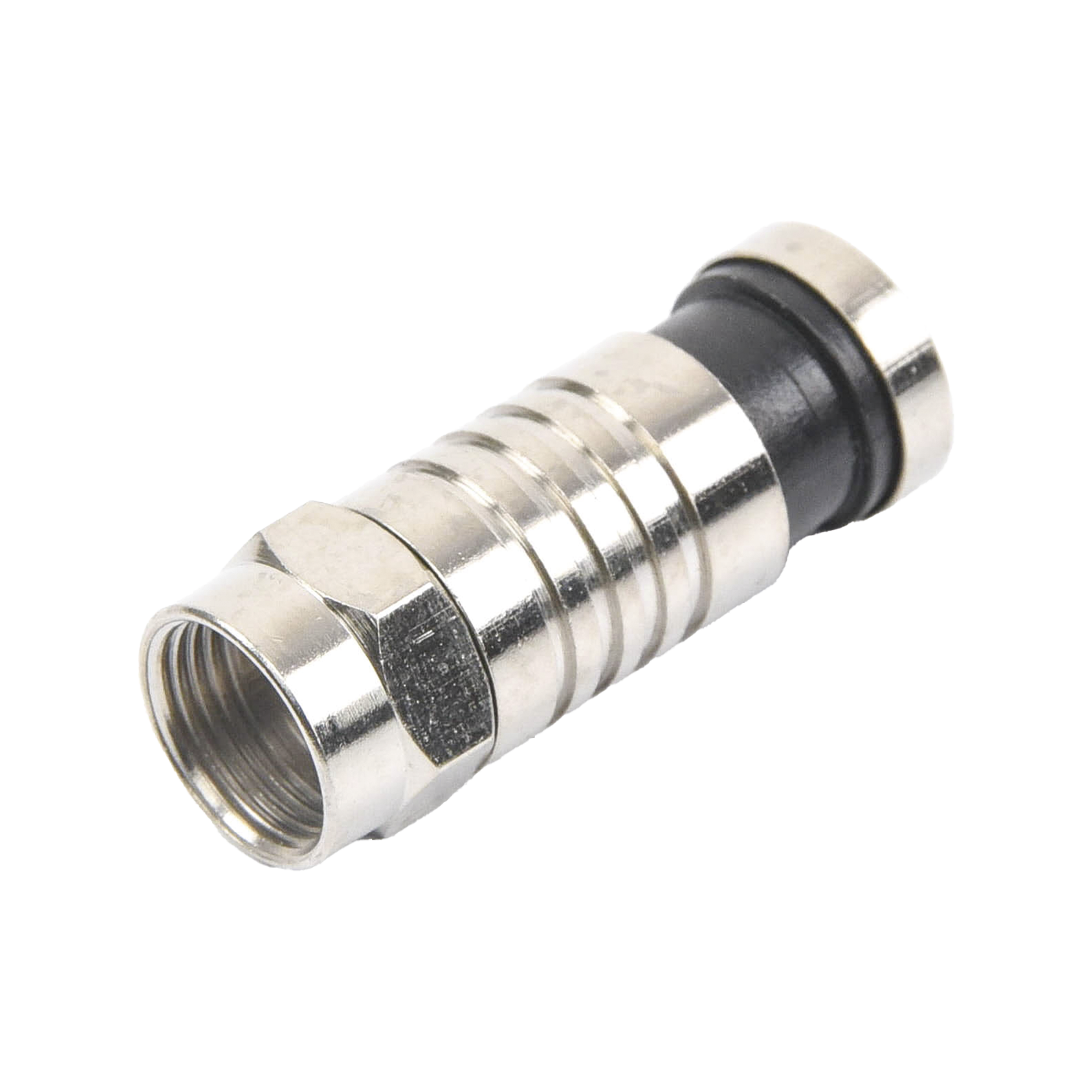 Conector F Macho de Compresión para cable RG-59, Cuerpo de Bronce Niquelado. Conector F Macho de Compresión para cable RG-59, Cuerpo de Bronce Niquelado.